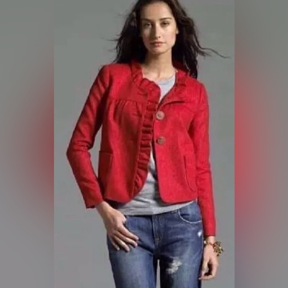 J.CREW Fiona Blazer Red Herringbone Ruffle Wool | Size 2 Womens - Picture 1 of 10